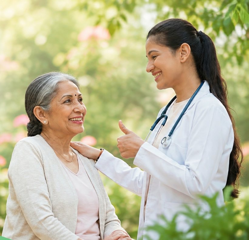 A Vistaar Vatikaa doctor reassuring a smiling senior patient in a garden